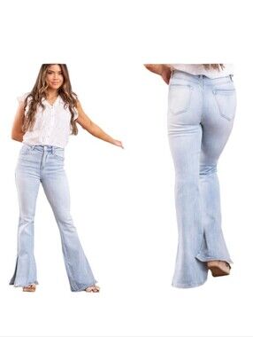 Risen Jeans Morning Sun High Rise Split Hem Flare Light Blue Size 1XL